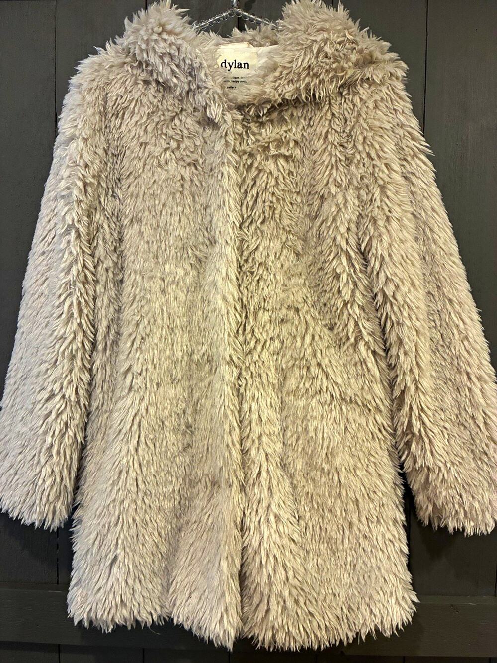 Dylan Women’s ivory Hooded button up Mid-Length Coat Long Sleeve Size M faux fur